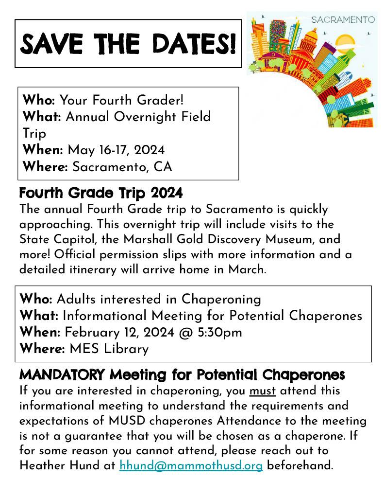 Information in English about the 4th grade trip